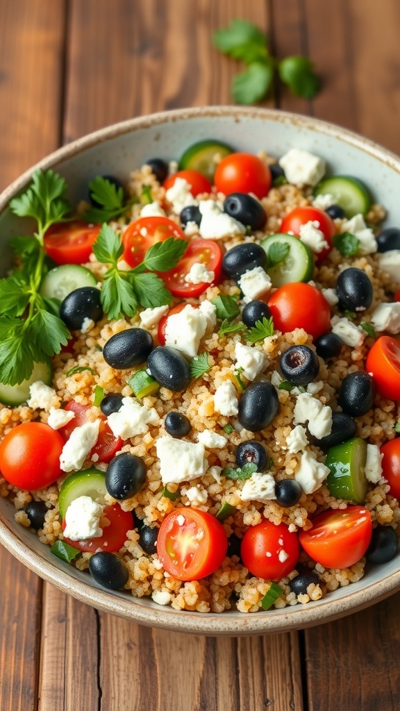 Mediterranean Quinoa Salad Recipe A colorful Mediterranean quinoa salad with tomatoes, cucumbers, olives, and feta on a wooden table.